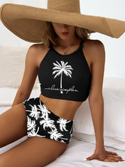 Two-Piece High-Waisted Conservative Bikini Set - Soft High Stretch Polyester, Coconut Palm Print, Random Printing, Hand Washable, Customized Knit Fabric - Perfect for Summer Beachwear and Pool Parties