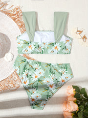 Daisy Floral Print Ruched Shoulder Straps High Waist High Cut Green Color Two Piece Bikini Sets Swimsuit, Women's Swimwear