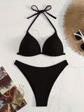2 Piece Solid Color Rib Knit Triangle Halter Tie Back Stretchy Swimsuits - High Stretch Polyester Bikini Set with Spaghetti Strap, Hand Washable, Customized Fit - Womens Swimwear & Clothing