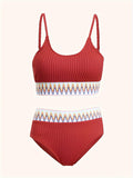 Chic 2-Piece Contrast Band Bikini Set - Round Neck, High-Waisted Bottoms, Stretch Comfort - Ideal for Beachwear & Poolside Fashion