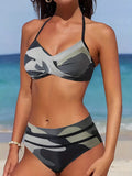 Vibrant Camo Print Two-Piece Bikini Set - Halter V Neck, Backless, High Cut, Ruched Detailing, Comfortable Swimwear for Women - Perfect for Summer Beach, Pool, or Vacation