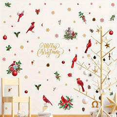 69pcs Christmas Wall Decor Set - Festive Red Birds & Branches, Snowflake Window Clings, Removable PVC Stickers for Holiday Ambiance