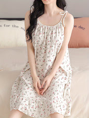 Romantic Floral Print Nightdress - Soft & Sweet Lace-Up Ruffle Slip Dress for Women - Comfortable Sleepwear, Nighttime Elegance