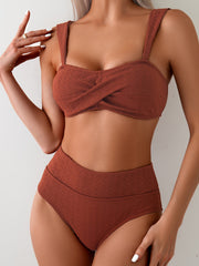 Two-Piece Comfortable High-Waisted Women's Swimsuit Set, Sexy Solid Color Bikini With Layered Design, Beach Swimwear