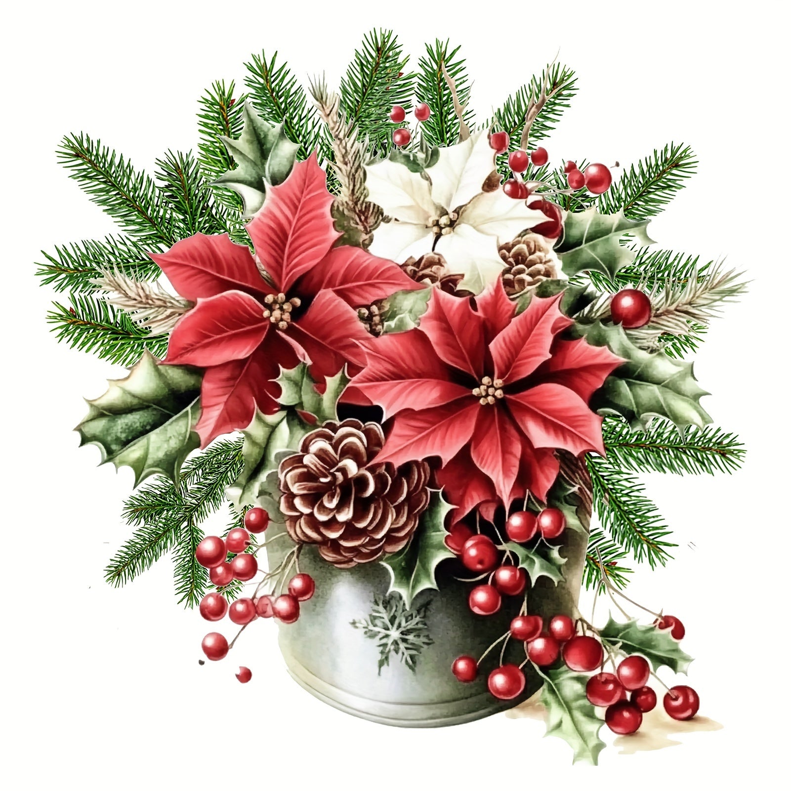 Festive Christmas Pine Cone & Floral Potted Plant Toilet Decal - Easy Stick-On Bathroom Sticker For Holiday Decor