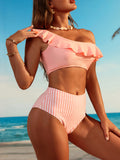 2 Piece Ruffle One Shoulder Stripes Print Bikini Set - High Waist Tummy Control, Asymmetric, Blue, Stretchy, Beach Swimsuit for Women