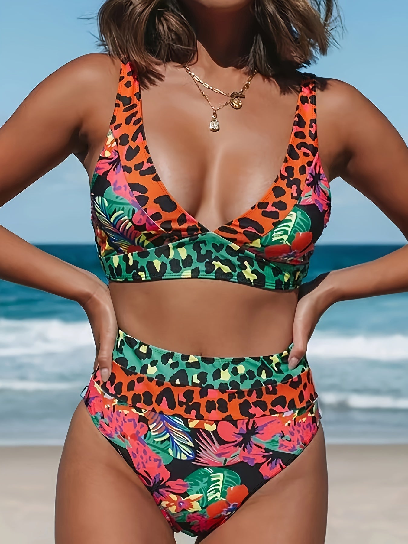 2 Piece Tropical & Leopard Print Bikini Set - Women's High Waist Swimsuits with V Neck and Back Buckle - Stylish Swimwear & Clothing for Summer Vacation