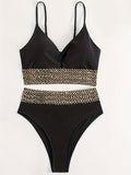 2 Piece Golden Contrast Band Sequin V Neck Bikini Set, High Waisted Stretchy Swimsuits with Spaghetti Strap for Women, Perfect for Carnival & Music Festival
