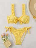 2 Piece Eyelet Embroidery Frill Stretchy Knot Bikini Set - Cute, Comfortable, and Chic Women's Swimwear with Plain White Color - Perfect for Beach, Pool, and Summer Vacation