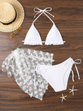 3-Piece Women’s Swimwear Set - Classic Solid Butterfly Applique, Playful Lettuce Trim & Tie-Halter Design - Perfect for Beach & Pool