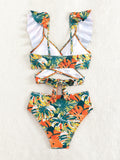 2 Piece Tropical Print V Neck Ruffle Hem High Waist Bikini Set - Women's Swimwear & Clothing