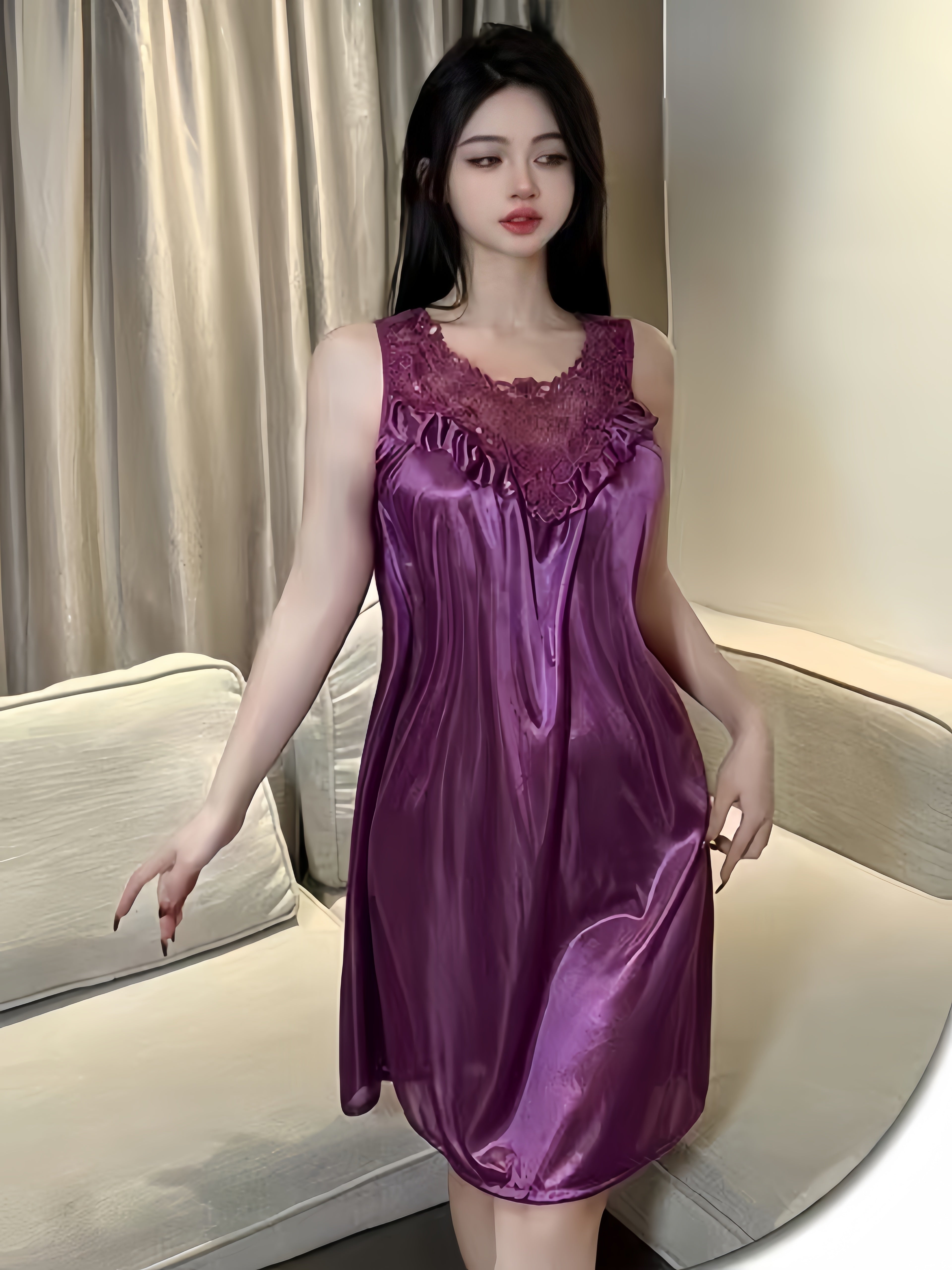 Sultry Satin Nightgown - Women's Sleepwear Dress, Round Neck Sleeveless Tank Style, Comfortable Contrast Lace Applique Design, Soft and Breathable Fabric, Perfect for Lounging and Sleeping - Nightgowns & Sleepshirts