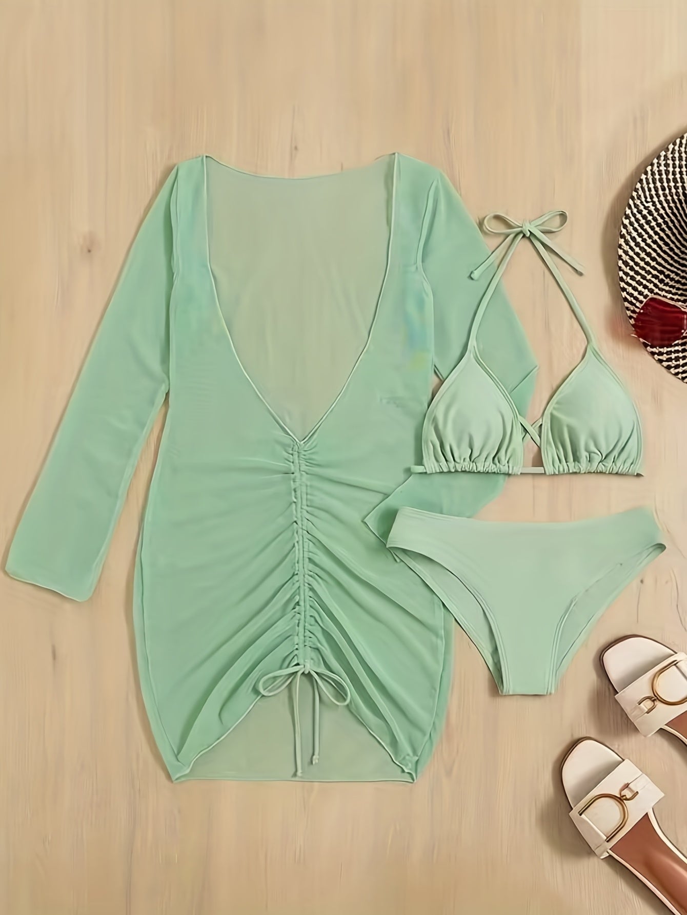 3-Piece Green Halter Bikini Set - Adjustable Neckline, High Cut Bottom, Long Sleeve Drawstring Cover Up Dress - Trendy Womens Swimwear for Beach Style