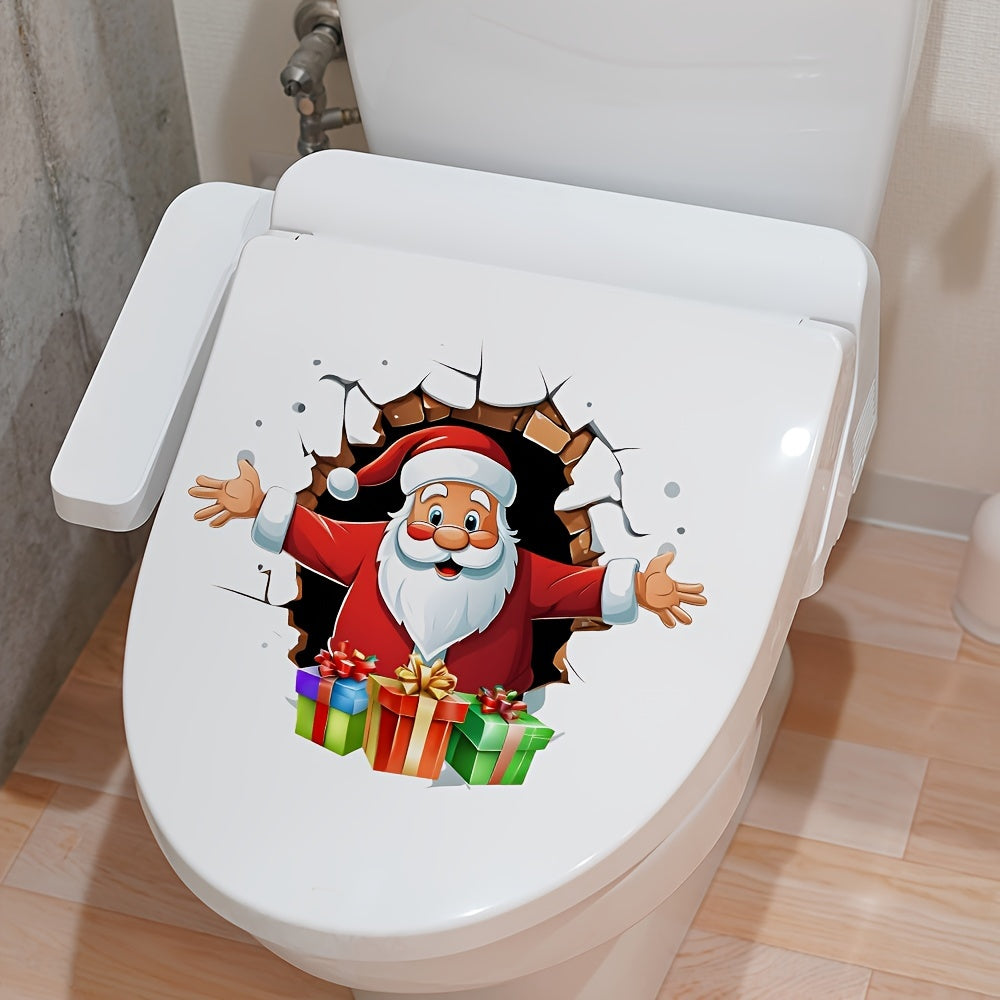 3D Santa Claus Toilet Sticker, Christmas Bathroom Decor, PVC Self-Adhesive Ceramic Toilet Tank Cover Decal, Reusable, Rectangular, Semi-Matte Finish