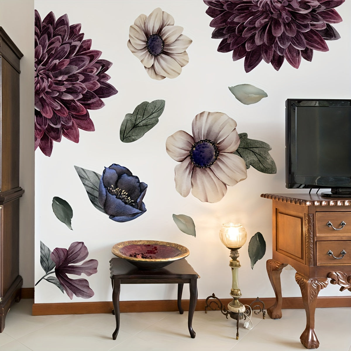 Large 3D Floral Wall Decals - Self-Adhesive, Invisible Glue, Perfect for Living Room & Bedroom Decor, Matte Finish, Multi-Surface Compatible