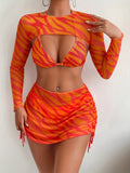 4 Piece Striped Print Bikini Set - High Stretch, Long Sleeve, Halter Neck, Tie Side, Knotted, Machine Washable - Customized Geometric Pattern Swimwear for Women