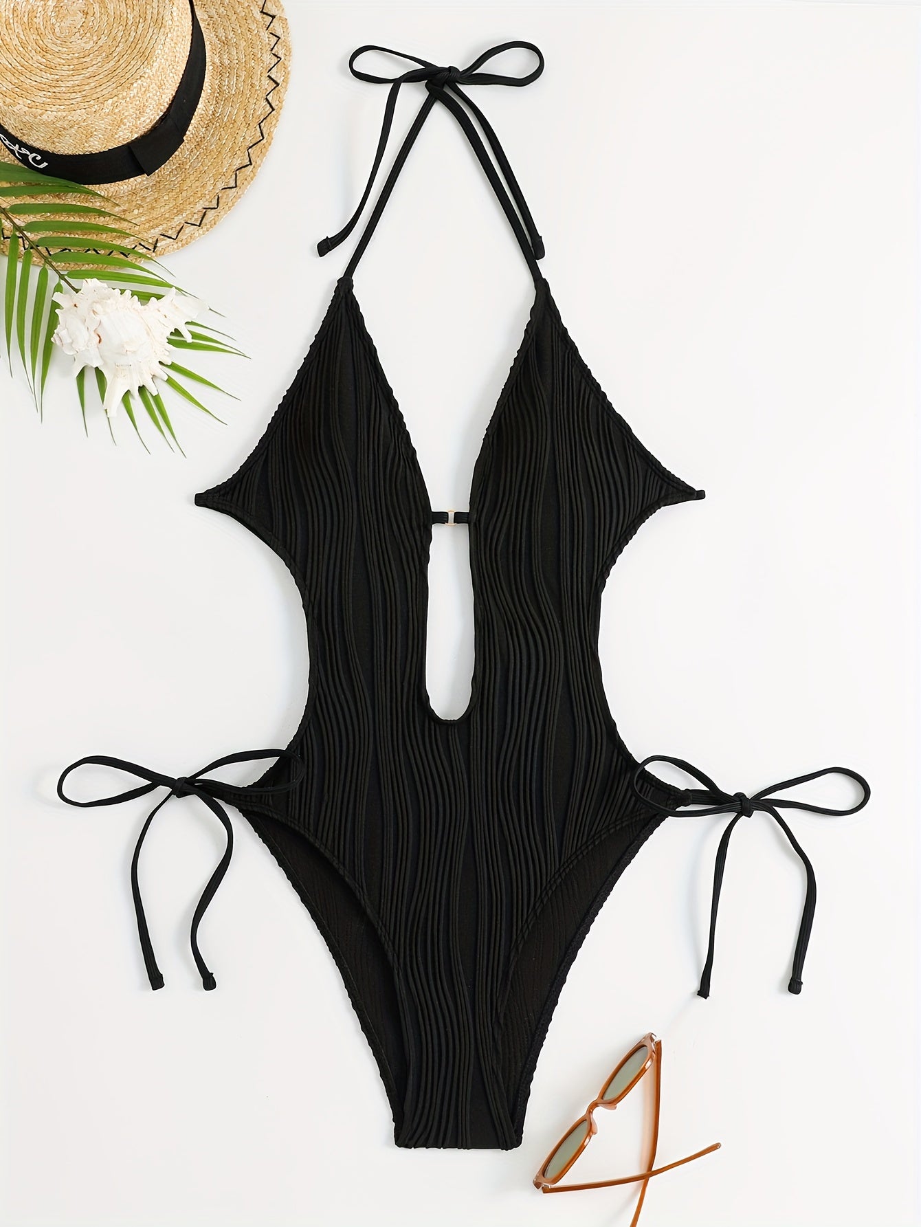 Sultry One-Piece Backless Swimsuit with Ties - Striped Textured Swimwear for Women, Perfect for Vacation, Beach, Pool Parties - Fashionable, Comfortable, and Flattering