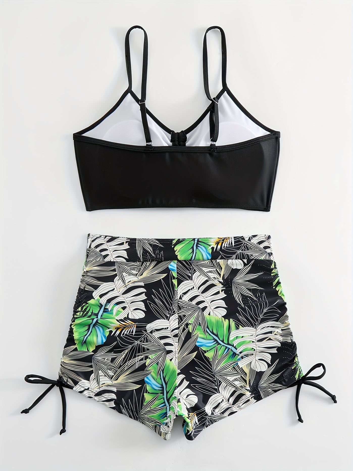 Tropical Leaf Print Two-Piece High Waist Bikini Sets - Spaghetti Strap, Drawstring Shorts, High Stretch Polyester, Machine Washable, Customized Fit - Perfect for Swimming, Womens Swimwear & Clothing