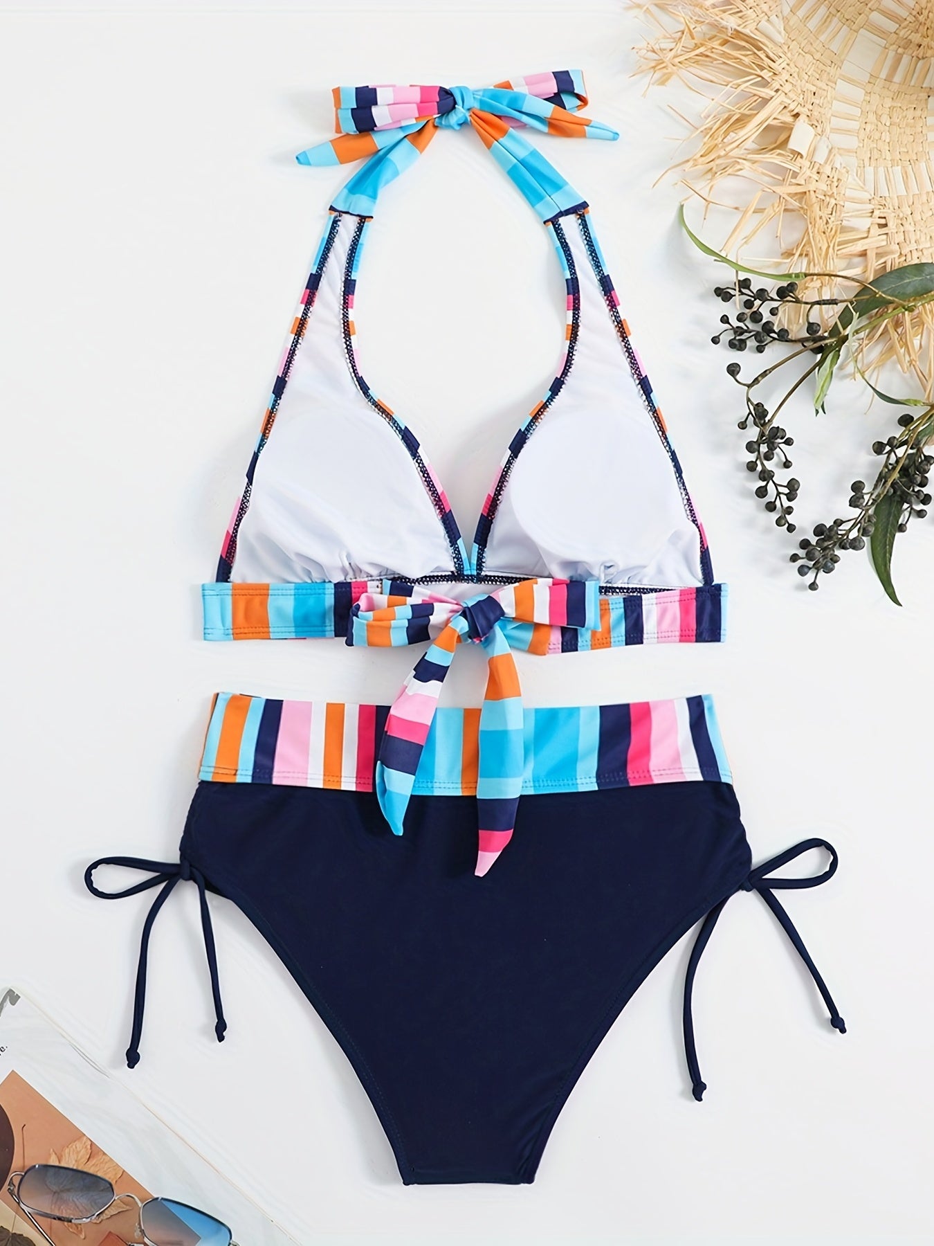 2 Piece Colorful Strip Print Halter Bikini Set - Women's Swimwear & Clothing, Tie Neck High Stretch Sexy Bathing Suit with Drawstring, Comfortable and Stylish Beachwear for Summer Vacation