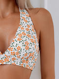 Two-Piece High-Waisted Women's Bikini Swimwear, Supportive Halter Top, Floral Pattern, Summer Beachwear