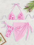 3 Piece Set Floral Print Triangle Halter Tie Strap Backless Bikini With Cover Up, Women's Swimwear & Clothing