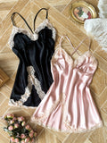 2 Pcs Satin Lace Trim Solid Nightgown, V Neck Cross Strappy Backless Slip Dress, Sexy Women's Sleepwear