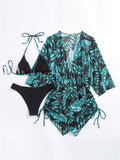 3-Piece Leaf Print Bikini Set - Flattering Halter Neck, High Waist, Adjustable Drawstring Cover Up - Perfect for Koningsdag/Kings Day Celebrations - Stylish Womens Swimwear Ensemble