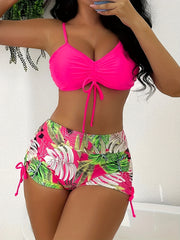 High-Waisted Adjustable Tie-Front Women's Bikini Set with Tropical Print Boyshort Bottoms, Beachwear Swimwear