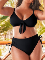 Plus Size Womens Two-Piece Bikini Swimsuit - High-Waisted, Adjustable Tie-Front, Removable Padded, Medium Stretch, Machine Washable, Solid Color Fashion Bikini with Drawstring and Spaghetti Strap Details