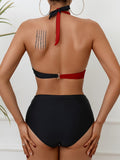 2-Piece Chic Black & White Color Block Bikini Set, Halter Tie Neck & Backless Design, Medium Stretch for Supreme Comfort - Ideal for Poolside & Beachwear