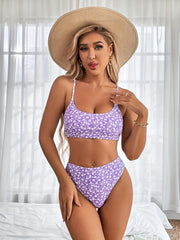 Vibrant Violet Ditsy Floral Print 2-Piece Scoop Neck Bikini Set - Stretchy High Waist, Spaghetti Strap, Comfortable, Flattering, Women's Swimwear & Clothing for Beach, Pool, Summer Vacation