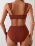 Two-Piece Comfortable High-Waisted Women's Swimsuit Set, Sexy Solid Color Bikini With Layered Design, Beach Swimwear
