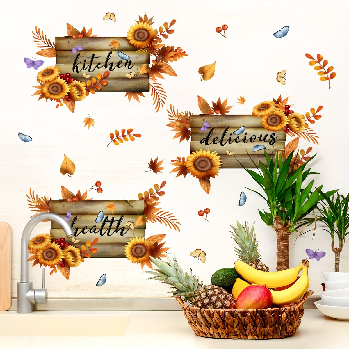 3pcs Thanksgiving Autumn Decor Set - Sunflower & Butterfly Kitchen Wall Stickers, Vinyl, Easy Apply