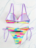 2 Piece Color Block Print Tie Side Bikini Set - Women's Swimwear & Clothing - Colorful Spaghetti Strap Swimsuits with Adjustable Ties and Padded Cups for Comfort and Support