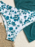 3pcs Floral Polyester Bikini Set, High Stretch Knit Fabric, Solid Color with Tie Waist Detail