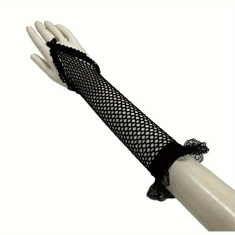 Elegant Nylon Party Gloves With Hole Pattern, Long Length, Formal Occasion, Decorative Fingerless Gloves For Women