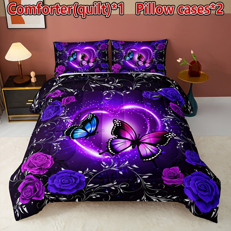 3pcs Purple Butterfly Floral Quilt Set (1 Quilt + 2 Pillowcase Without Pillow Insert), All Season Quilted Bedding Soft Comfortable Breathable Print Quilt For Home Dormitory