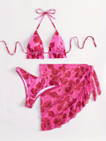 3 Piece Set: Floral Pattern Halter V Neck Tie Back Backless High Cut Bikini Swimsuits with Ruffle Hem Cover Up Skirt, Women's Triangle Top Swimwear & Clothing
