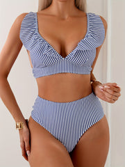 2-Piece High-Waisted Striped Bikini Set, V-Neck Top With Ruffled Hem, Swimwear For Women