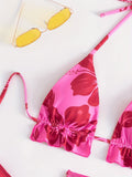 3 Piece Set: Floral Pattern Halter V Neck Tie Back Backless High Cut Bikini Swimsuits with Ruffle Hem Cover Up Skirt, Women's Triangle Top Swimwear & Clothing