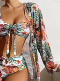 3 Piece Tropical Floral Print Swimsuit Set - Women's High Waist Round Neck Spaghetti Straps Bikini with Long Sleeve Cover Up, Stretchy and Comfortable Swimwear & Clothing for Summer Vacation