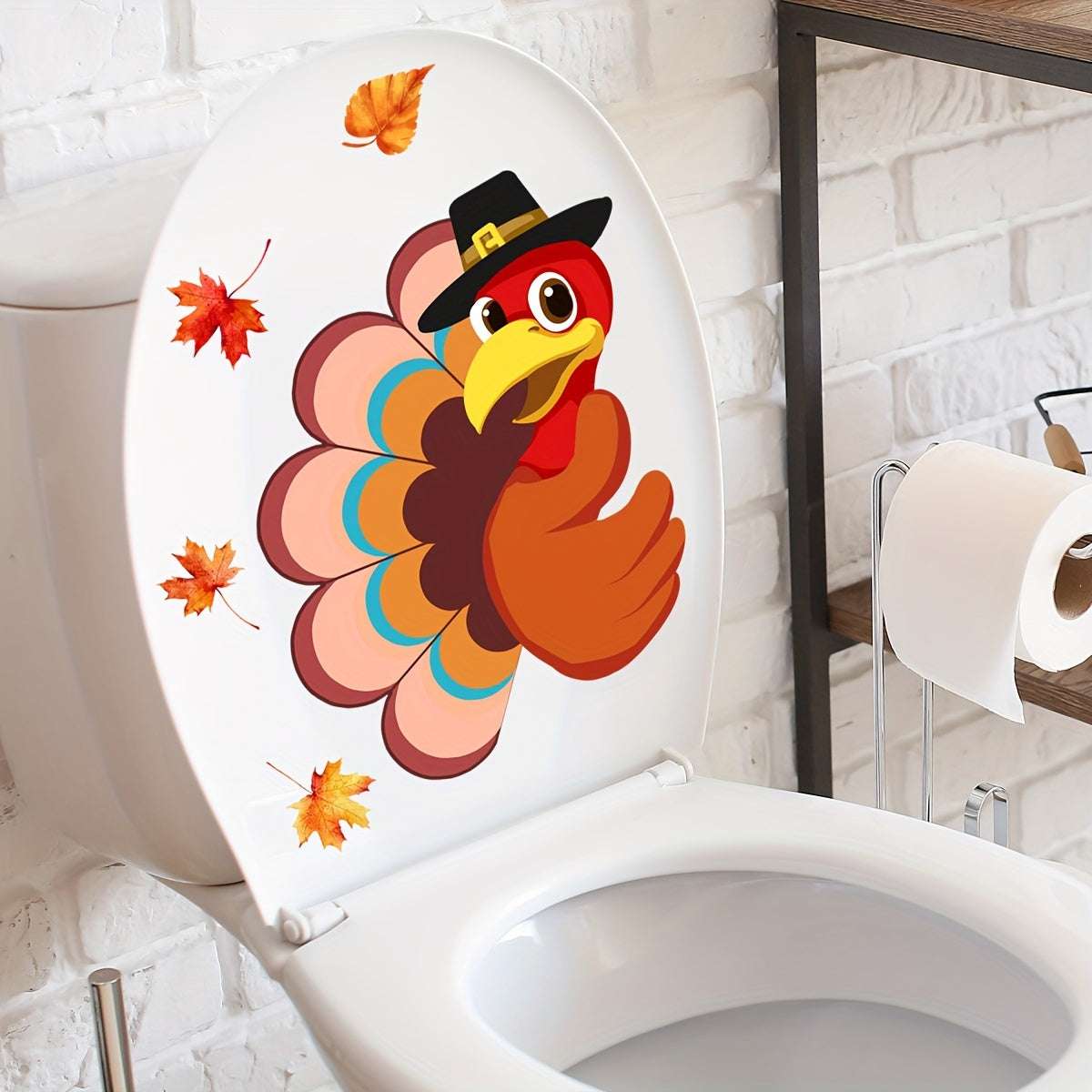 1pc Autumn Thanksgiving Turkey Maple Leaf Toilet Stickers, Bathroom Wall Decals, Aesthetic Home Decoration, Room Decor, Beautify Your Home