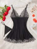 Rich Contrast Lace Nightdress - Seductive Backless V Neck Design - Feminine Sleepwear Dress for Women - Soft & Elegant