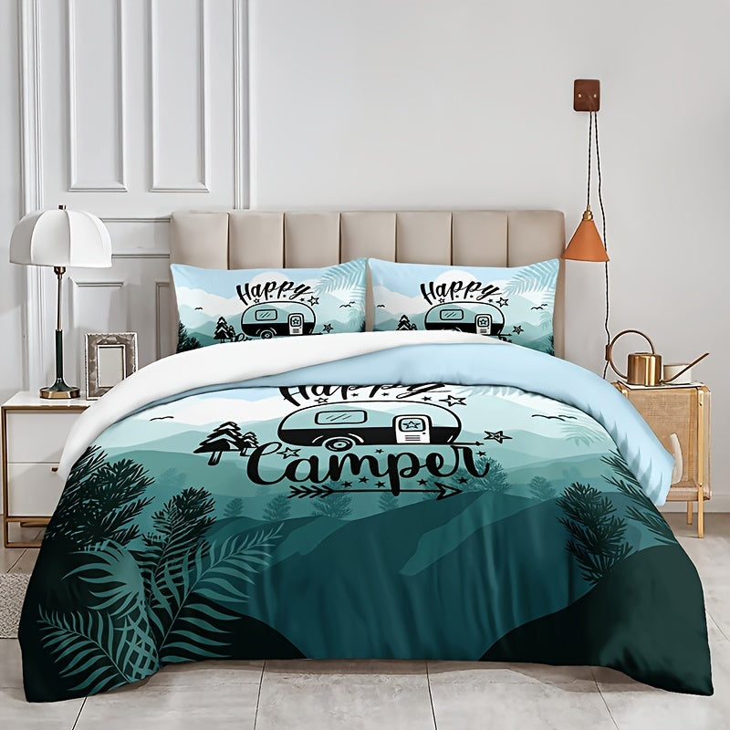 3pcs Cozy Cartoon Car Letter Print Duvet Cover Set - Soft, Breathable, Comfortable Bedding for Bedroom, Guest Room - Includes 1 Duvet Cover and 2 Pillowcases, No Filling