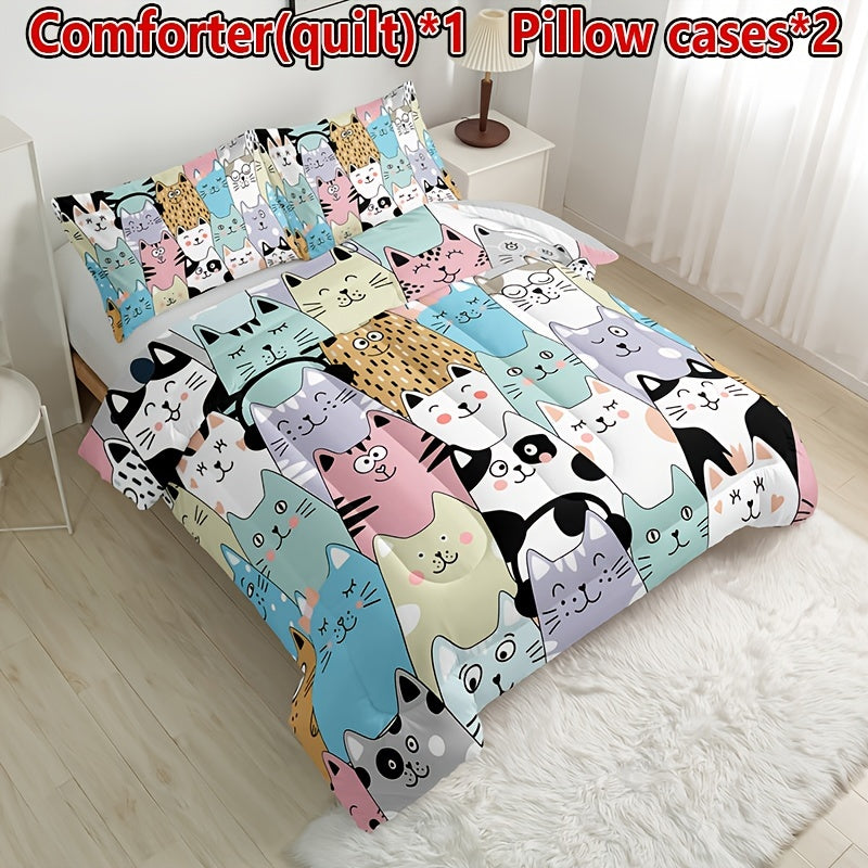 3-Piece Whimsical Cat Quilt Set - Soft, Comfortable & All-Season - Perfect for Home & Dorm (1 Quilt + 2 Pillowcases)