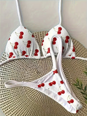 2-Piece Cherry Pattern Bikini Set - Flattering Halter V-Neck & High-Cut Thong Design, Tie-Back Backless Detail, Perfect for Beachwear & Poolside Fashion