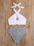 Chic Striped Two-Piece Swimsuit Set for Women - High Stretch, Crisscross Halter Top & High-Waist Bottoms, Machine Washable