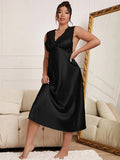 Plus Size Elegant Sleep Dress - Soft Satin, Contrast Lace, V Neck, Backless, Tank Style, Comfortable Nightdress for Women