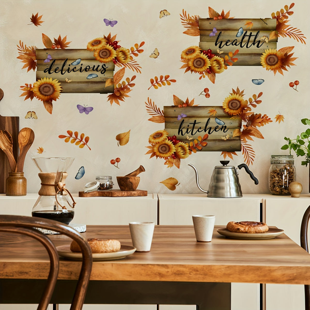 3pcs Thanksgiving Autumn Decor Set - Sunflower & Butterfly Kitchen Wall Stickers, Vinyl, Easy Apply