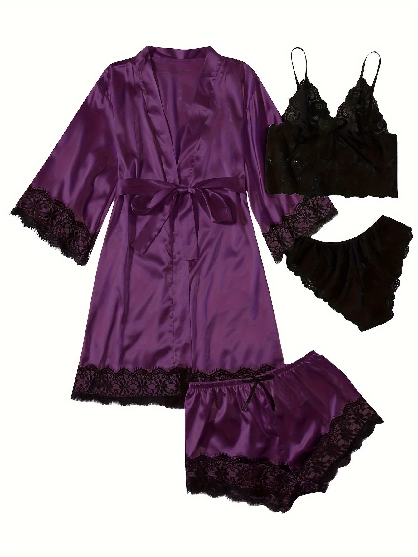 Three Quarter Sleeve Satin Elegant Lounge Set, Contrast Lace Robe With Belt, Cami Bra, Panty, and Elastic Shorts, Women's Loungewear